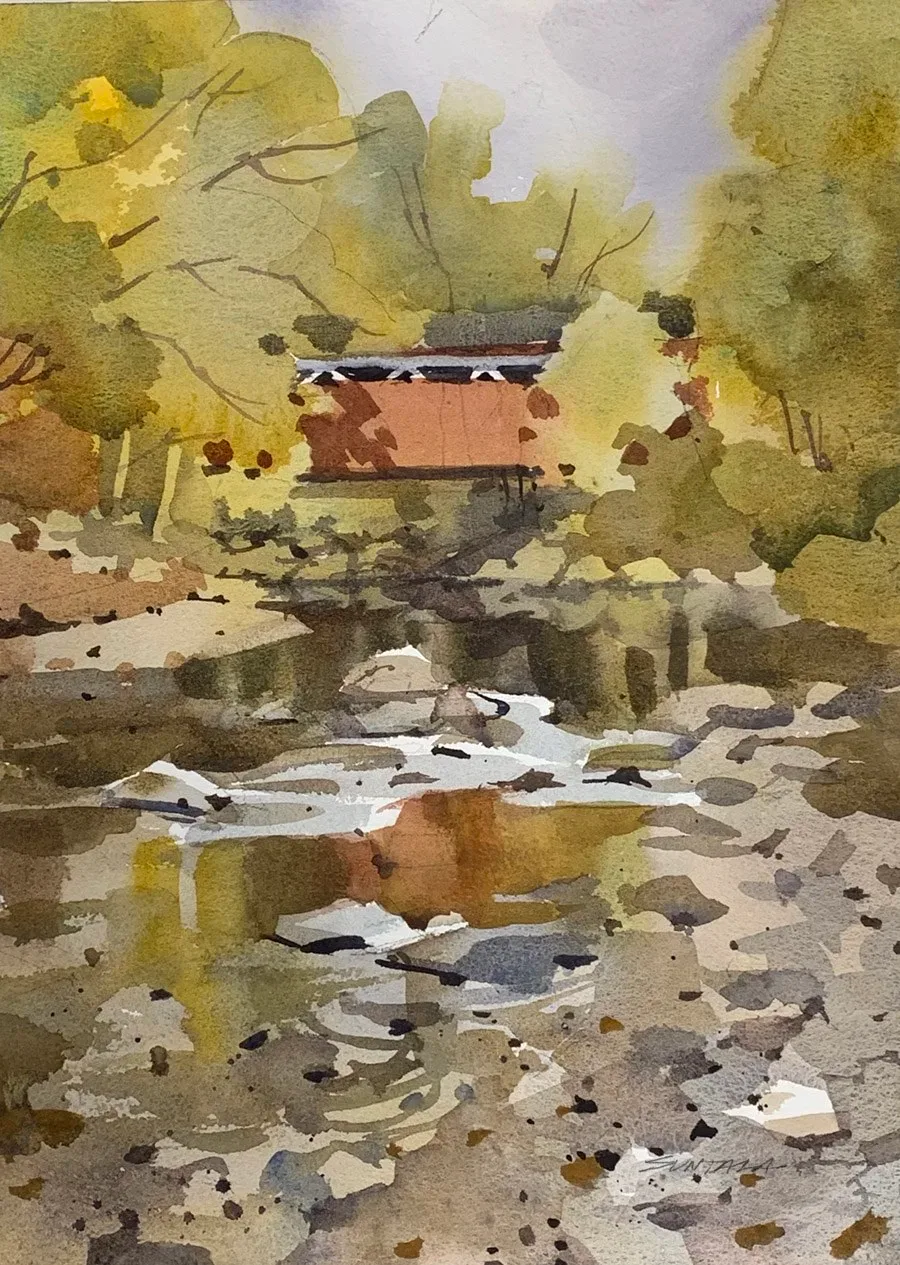 Loose plein air watercolor of the Everett Rd covered bridge in the Cuyahoga Valley National Park