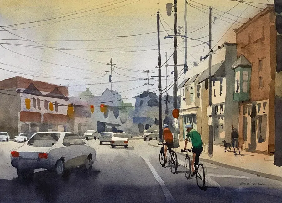 Loose watercolor of windshield view looking south on Broadview Ave. Cleveland, OH