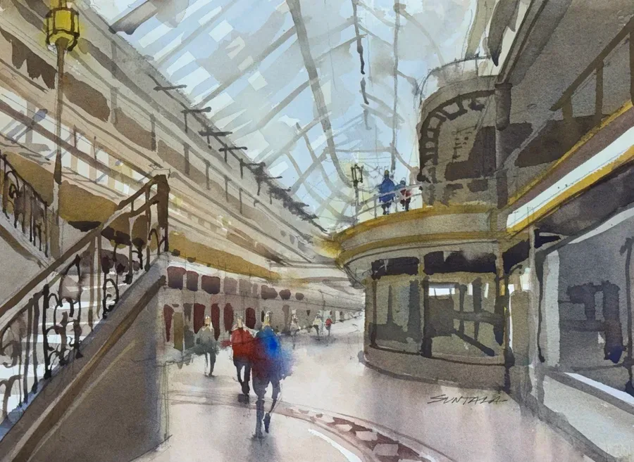 Loose plein air watercolor from inside the Hyatt Regency Hotel (the Euclid Arcade).
