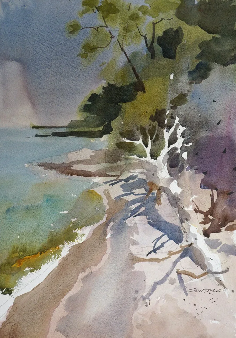 Loose plein air watercolor of Lake Erie beach, 8-21-2021