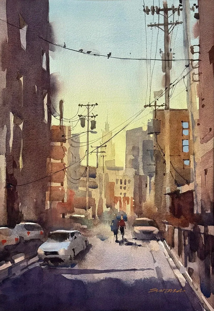A loose watercolor Swingos Court, looking east toward downtown Cleveland.