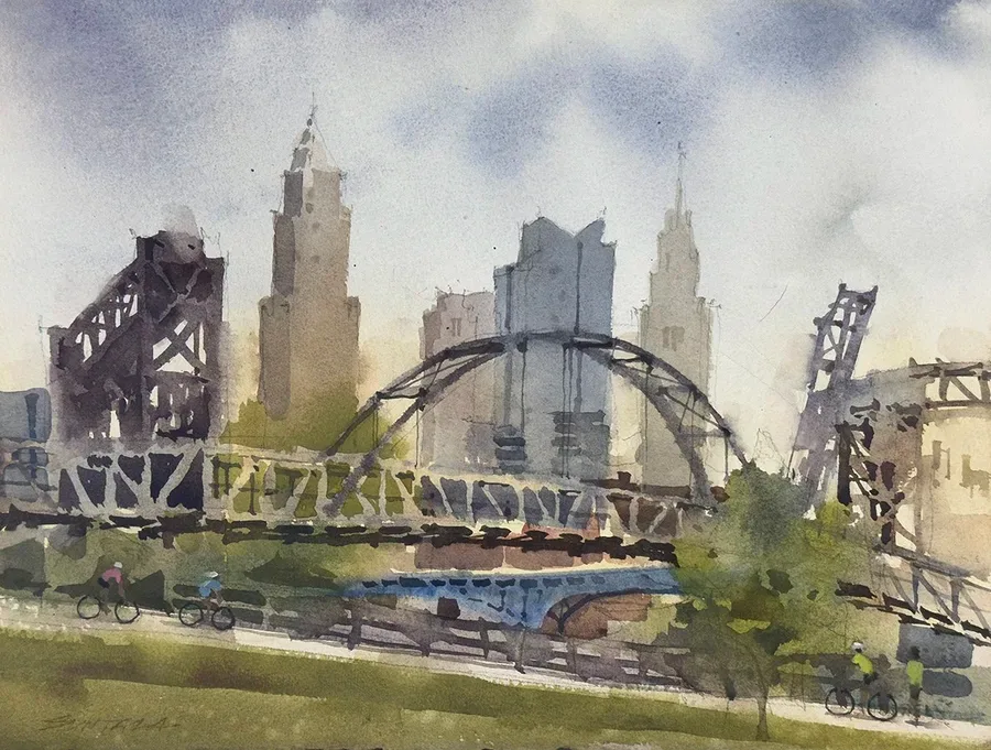 Loose plein air watercolor of the pedestrian bridge to Whiskey Island, Cleveland, OH.