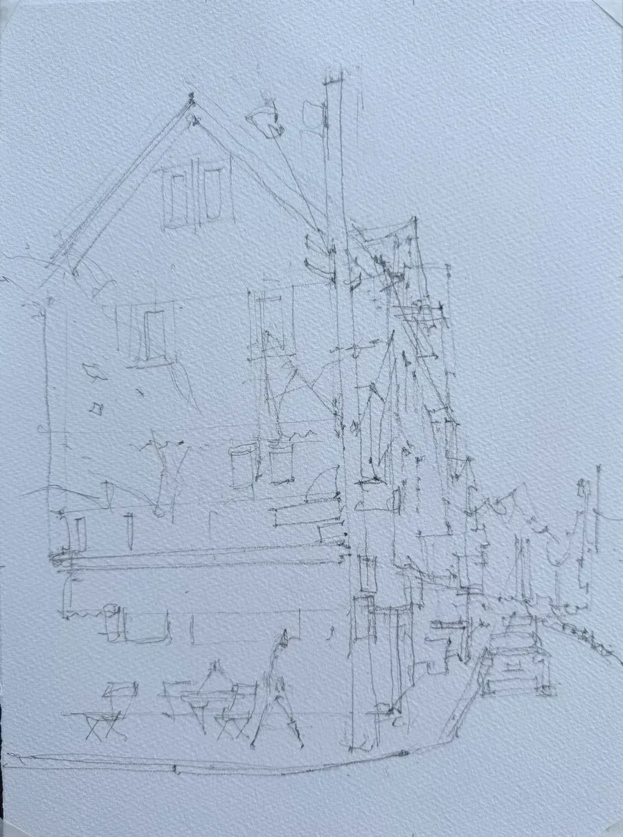 Pencil drawing stage of watercolor of Etna Ristorante.