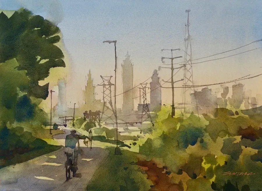 Loose plein air watercolor of the Towpath Trail in Cleveland, OH with Cleveland skyline.