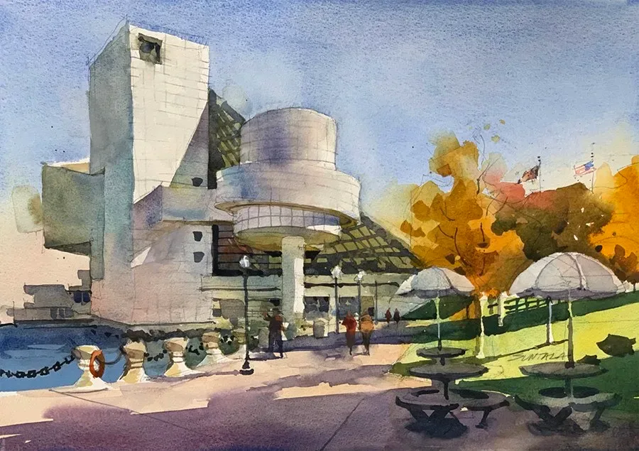 Loose plein air watercolor of the Rock and Roll Hall of Fame.