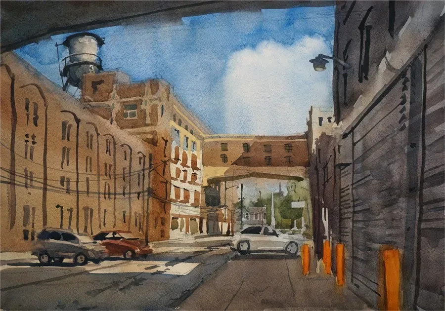 Plein air painting of E 36th St in the Tyler Village building complex.