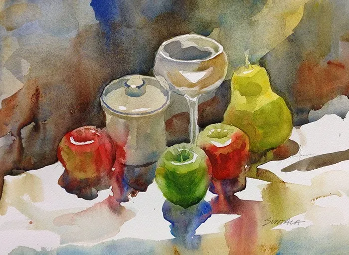 Still Life With Pear and Glass, watercolor on paper, 2013