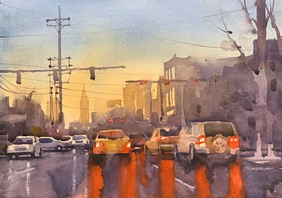 Carnegie Ave at sunset watercolor.