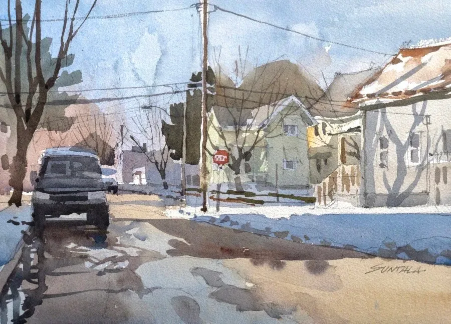 Loose watercolor of W 52nd street looking north on January 24, 2023.