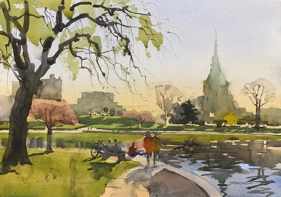 Loose plein air watercolor of the Wade Lagoon, painted April 23rd, 2022