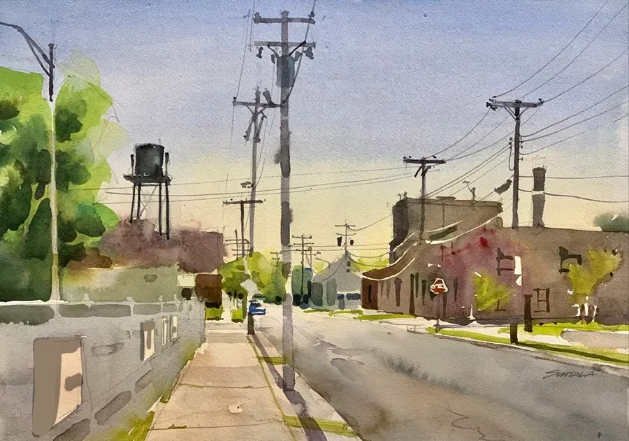 Loose plein air watercolor of Meyer Ave. Cleveland, OH looking east. The Lofts at Lion Mills can be seen in the distance on the left.