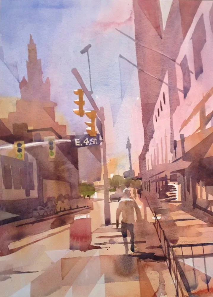 Watercolor of view looking west on Euclid Ave, downtown Cleveland