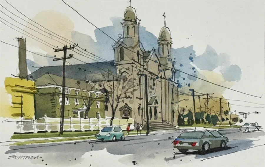 Pen and ink watercolor sketch of St Elizabeth's Church on Buckeye Rd. by the Opportunity Corridor.