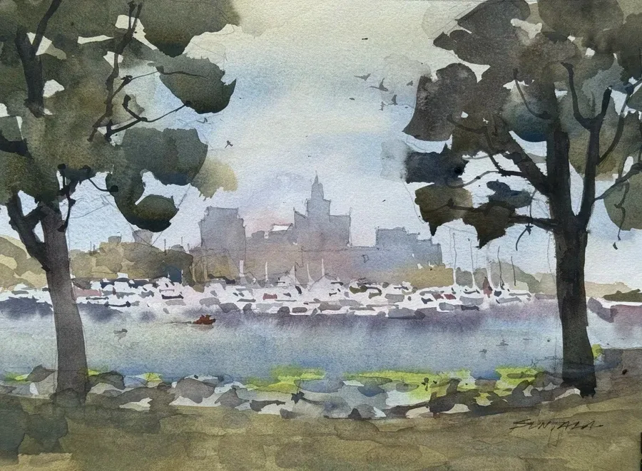 Loose watercolor of the Cleveland Skyline from Cleveland Lakefront State Park