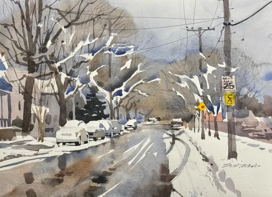 Loose watercolor of late winter snow on Monroe St in Cleveland.