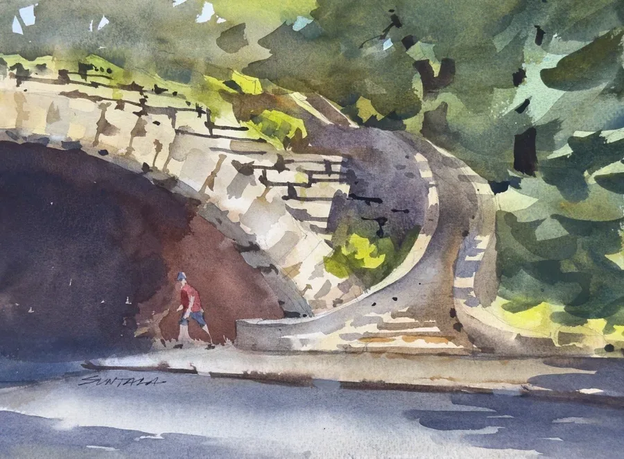 Loose plein air watercolor of the Wade Park Ave. Schweinfurth Bridge in Cleveland, OH.