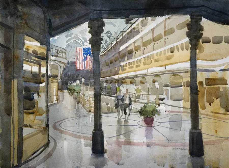 The historic Euclid Arcade (Cleveland Arcade) painted in watercolor plein air.