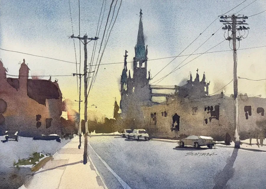 Watercolor of St Michael's Church from Scranton Ave, Cleveland, OH.