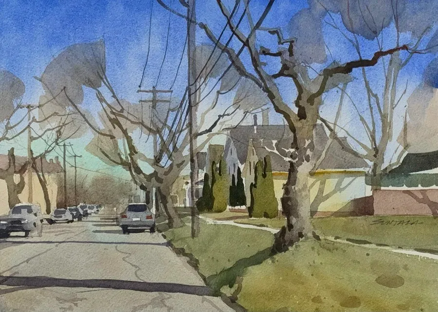 Loose watercolor of Wakefield Ave looking east, painted plein air on February 18th, 2023.