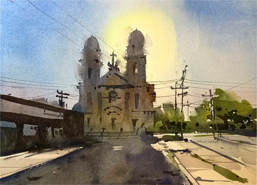 Loose watercolor of a backlit St. Coleman's Church