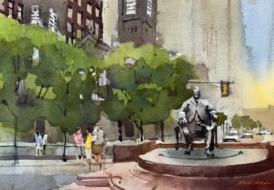 Loose plein air watercolor of Public Square and the Tom Johnson statue.