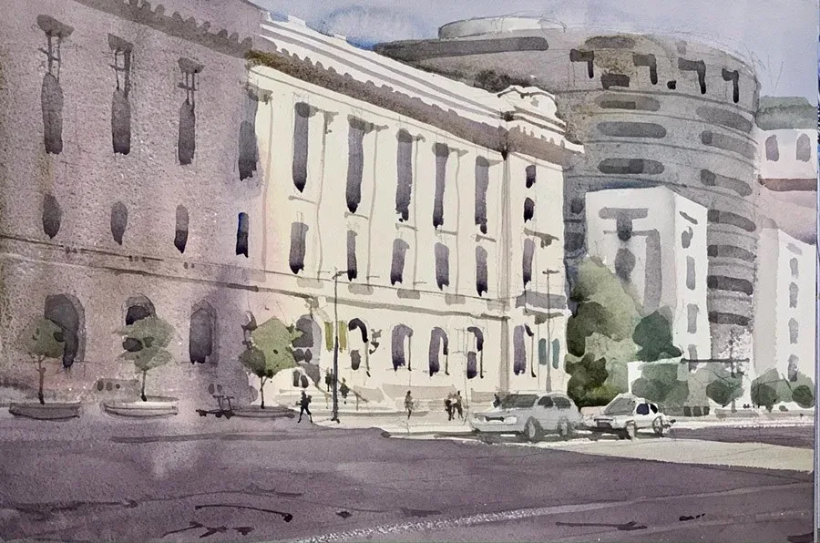 Main Branch Cleveland Public Library, watercolor on paper, 2021