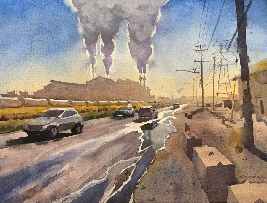 Watercolor painting of Quigley Ave, Cleveland, OH looking south with Cleveland Cliffs steel mill in the distance.