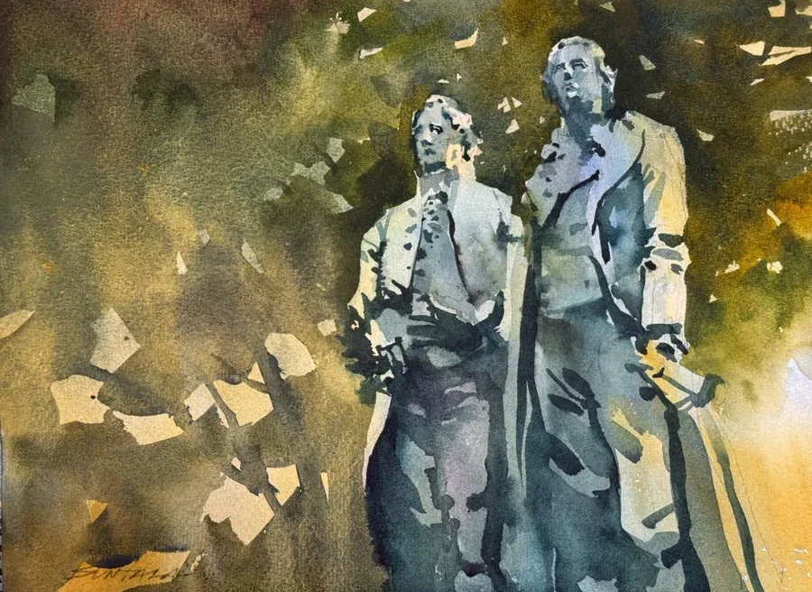Loose plein air watercolor of the German Cultural Garden in Cleveland, OH.