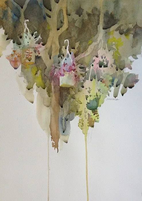 Loose watercolor of hanging flower baskets