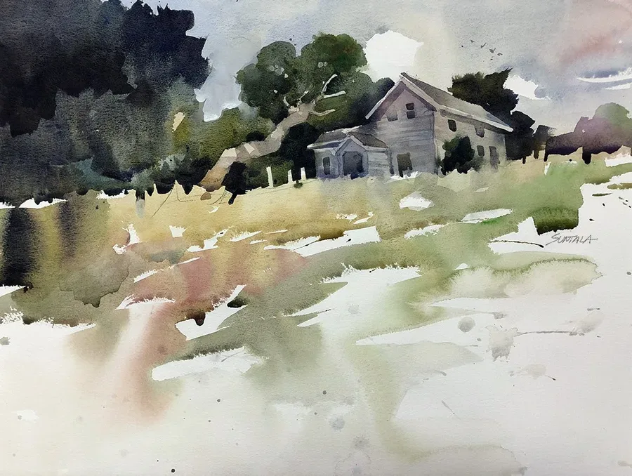 Watercolor of barn and tree