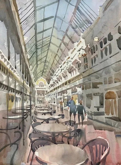 Loose watercolor of the interior of the Colonial Arcade, Cleveland, OH