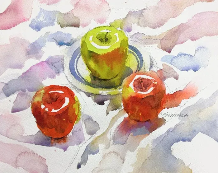 3 Apples With Plate, watercolor on paper, 2013
