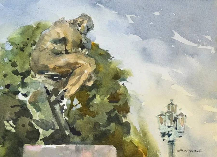 Loose yet illustrative watercolor of a side view of the Thinker by Auguste Rodin at The Cleveland Museum of Art.