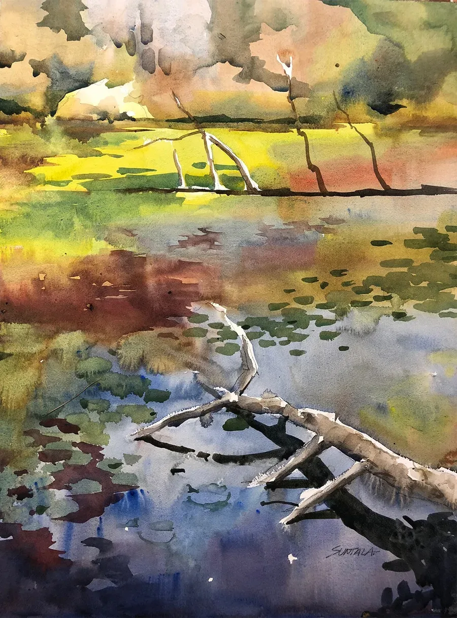 Plein air watercolor of Gardenview lilly pond