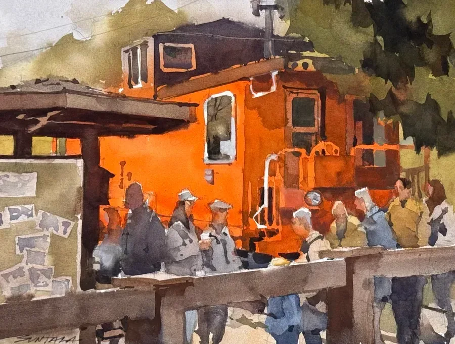 Watercolor of people in front of the orange red caboose in front of the Trail Mix store in Peninsula, OH