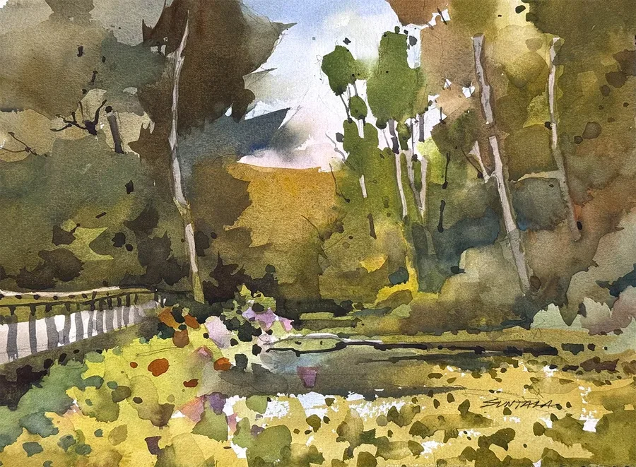 Loose plein air watercolor of Beaver Marsh at Cuyahoga Valley National Park.