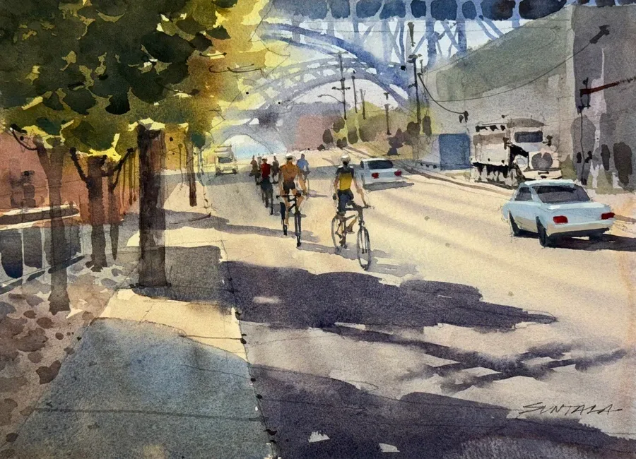 Loose plein air watercolor of Center St down in the Flats of Cleveland.