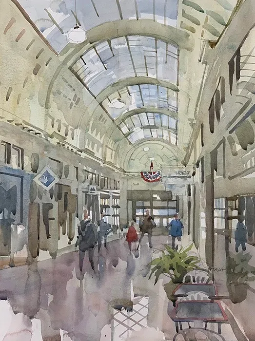 Loose watercolor of the interior of Cleveland’s Euclid Arcade.