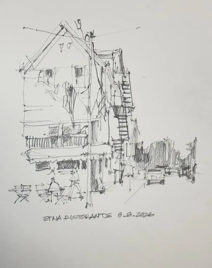 Pencil sketch of Etna Ristorante.