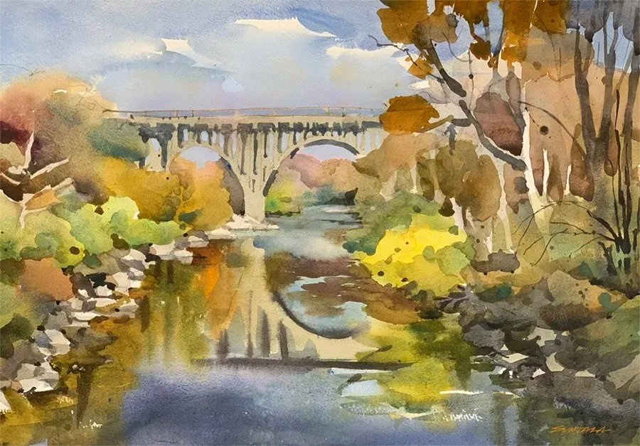 Loose plein air watercolor of the Cuyahoga River and the Rt 8 viaduct.