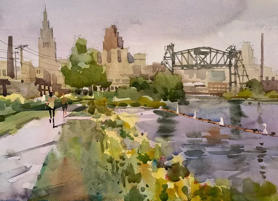 View of Cleveland skyline looking down towpath along Scranton Rd.