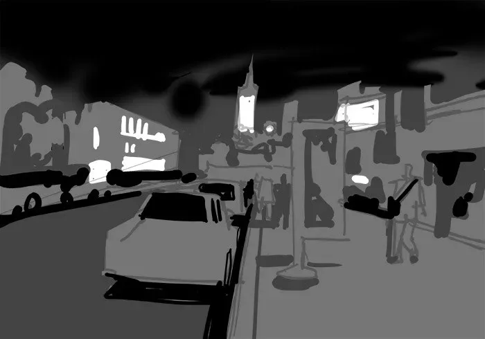 Night Scene Value Study, pencil on paper, 2013