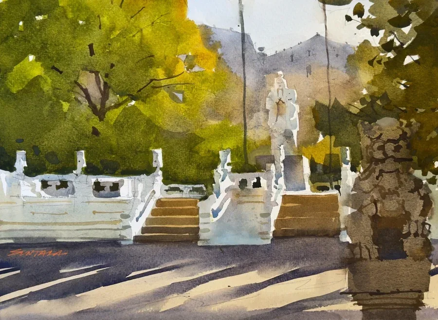 Loose plein air watercolor of the Chinese Cultural Garden in Cleveland, OH.
