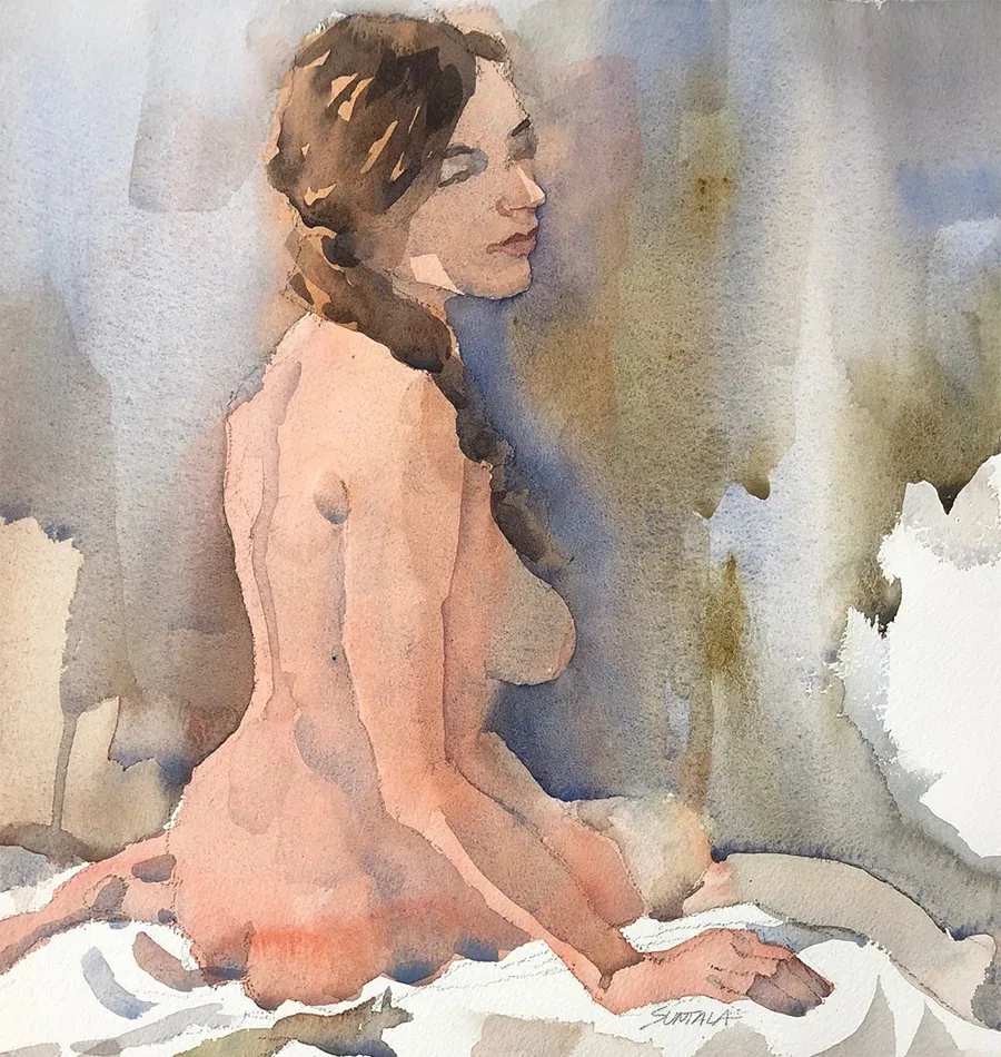 nude seated woman looking to the side