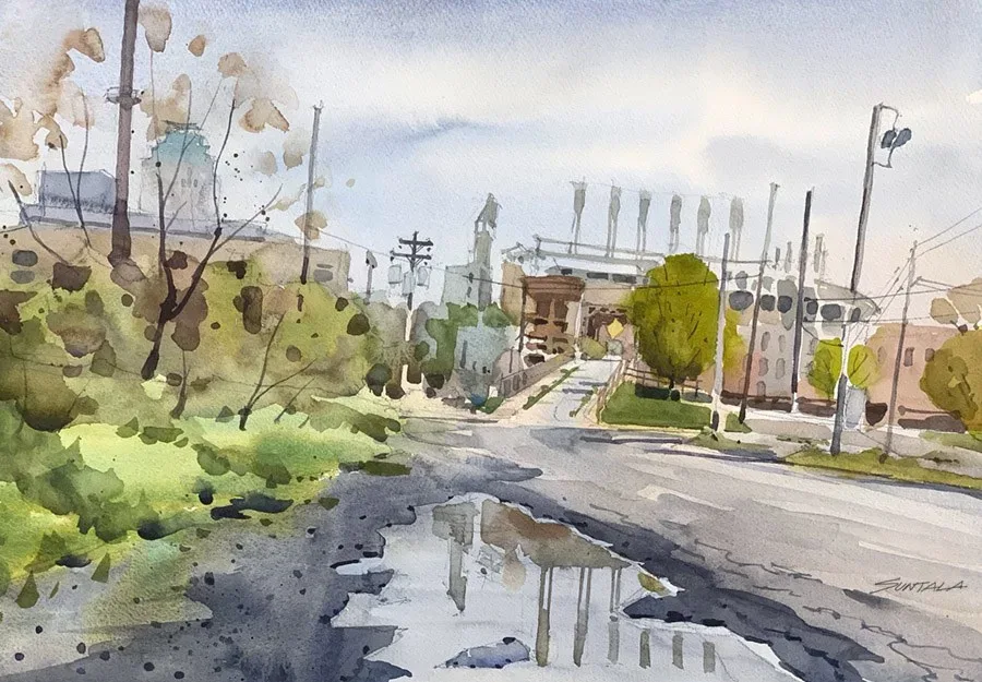 Watercolor of Progressive Field as seen from Stones Levee Rd.