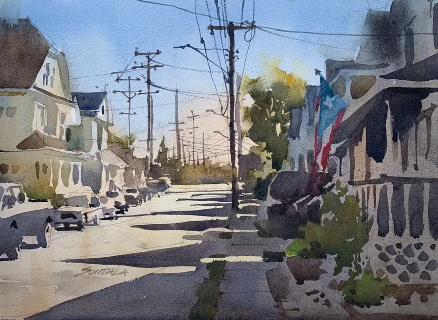 Loose plein air watercolor of Althen Ave. looking east with strong morning sun.
