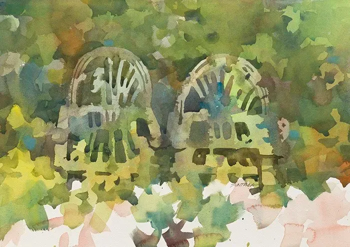 Floral watercolor painting of two rattan benches