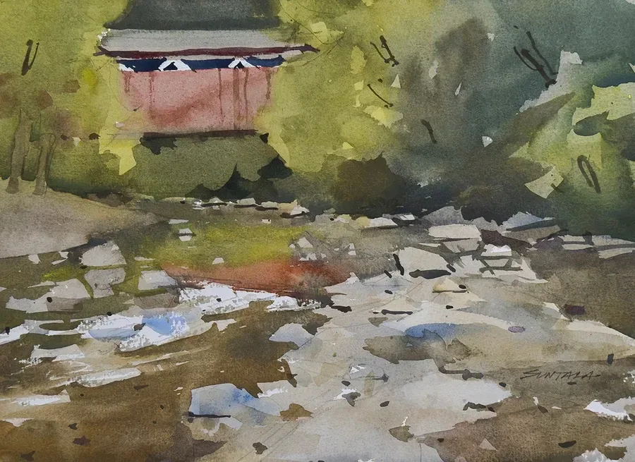 Loose plein air watercolor of the Everett Rd covered bridge in the Cuyahoga Valley National Park.