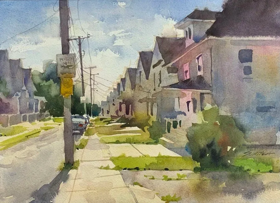 Watercolor of Poe Ave. in the Clark Fulton neighborhood looking east.