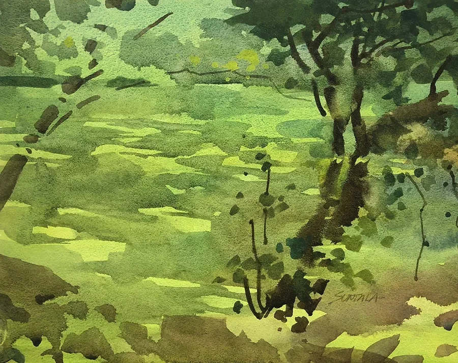 plein air watercolor of Gardenview duckweed pond